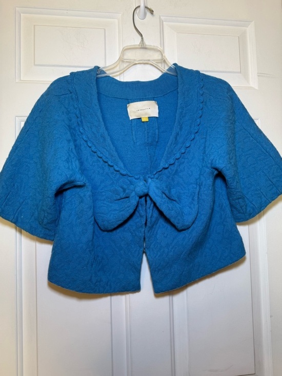 leifsdottir Sweaters - Anthropologie Leifsdóttir Cropped Blue LARGE Cardigan Shrug Bow Wool Preppy